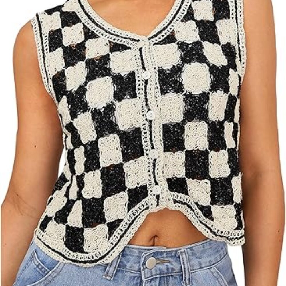 Verdusa Plaid Crochet Sweater Vest • Button Front • V Neck